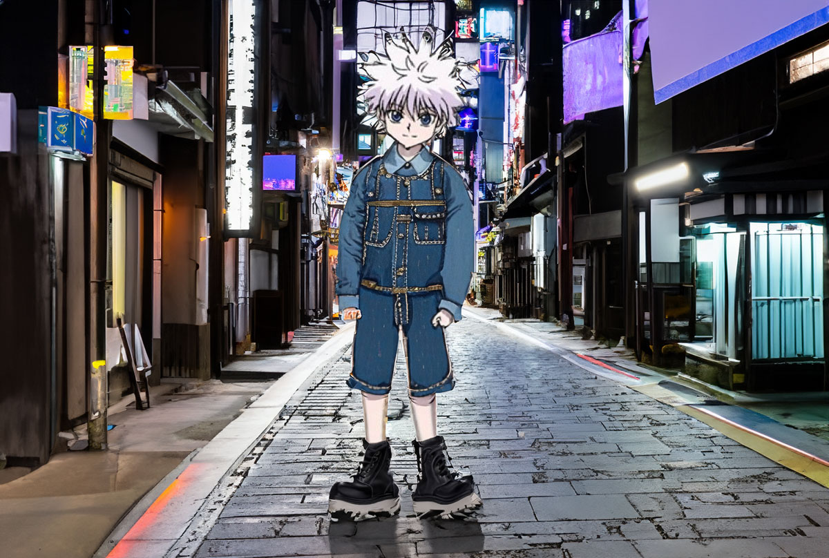 生成AIで作成したキャラクター私服コーデ（新宿の夜）